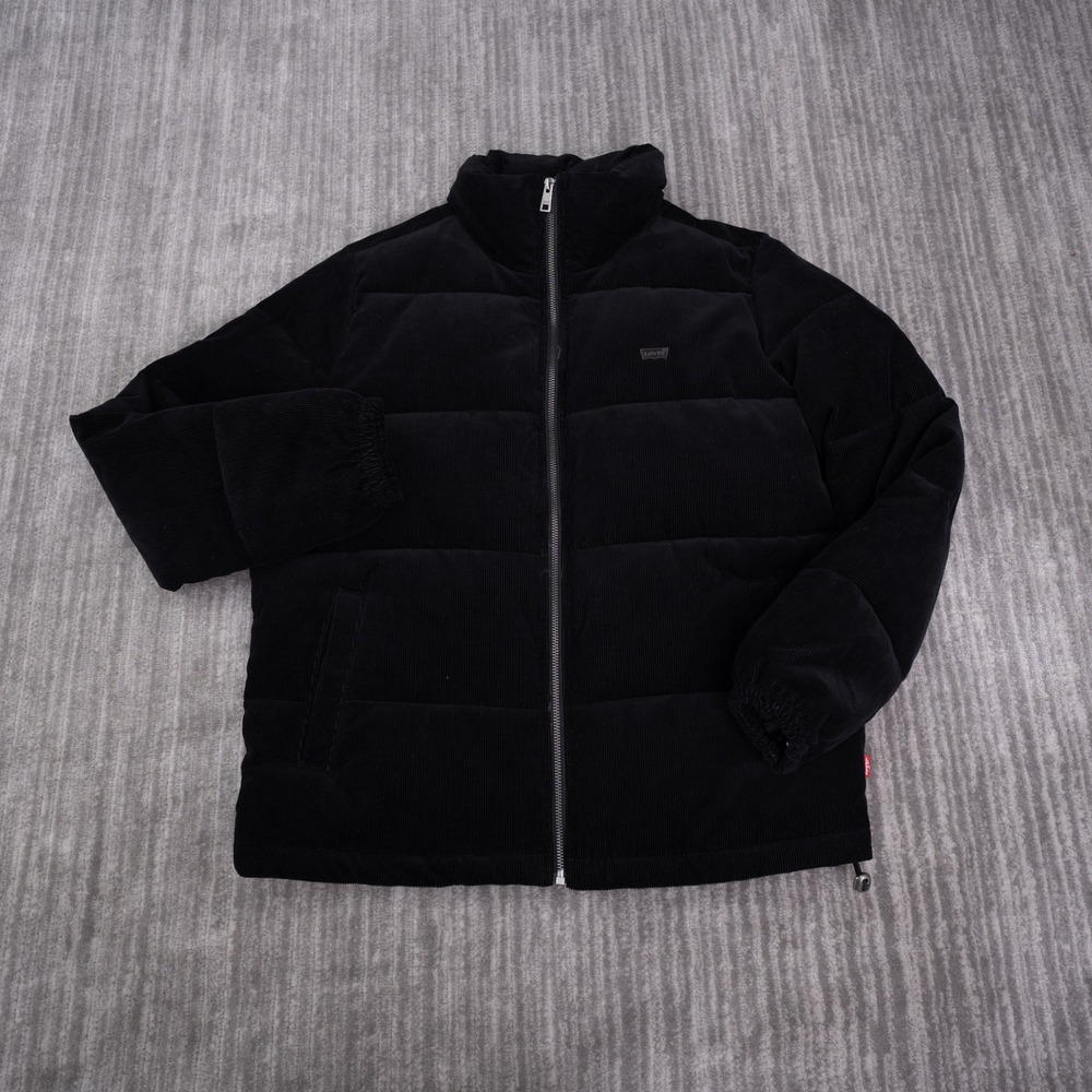 Levi Corduroy Puffer Jacket Mens Medium Black Excellent Quilted Full Zip Coat